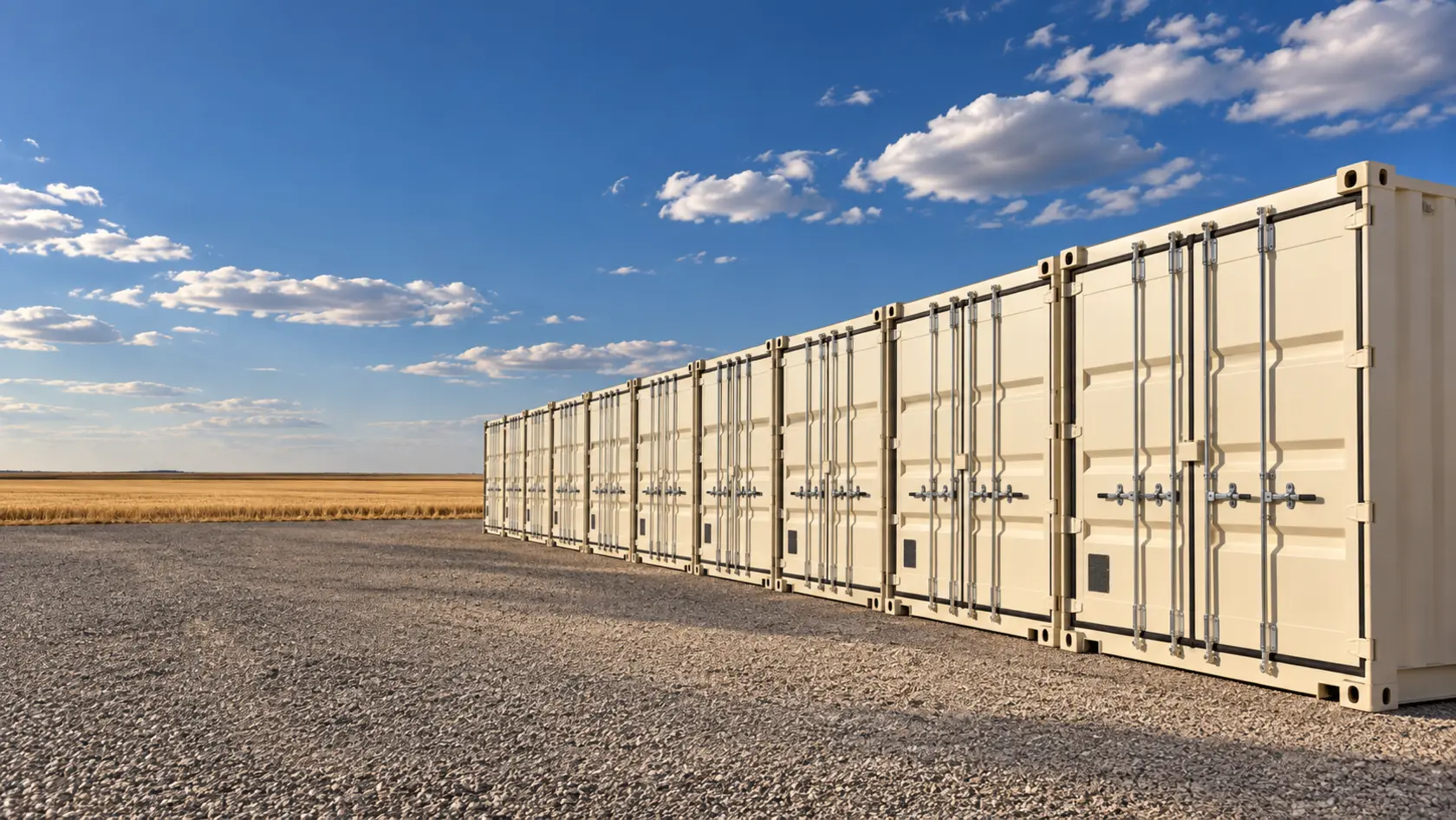 Cream sea cans beside gravel and open prairie fields