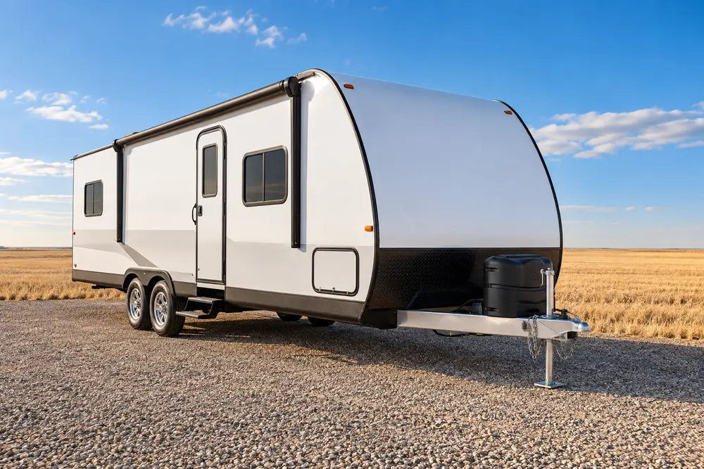 Travel trailer parked on gravel beside open prairie fields